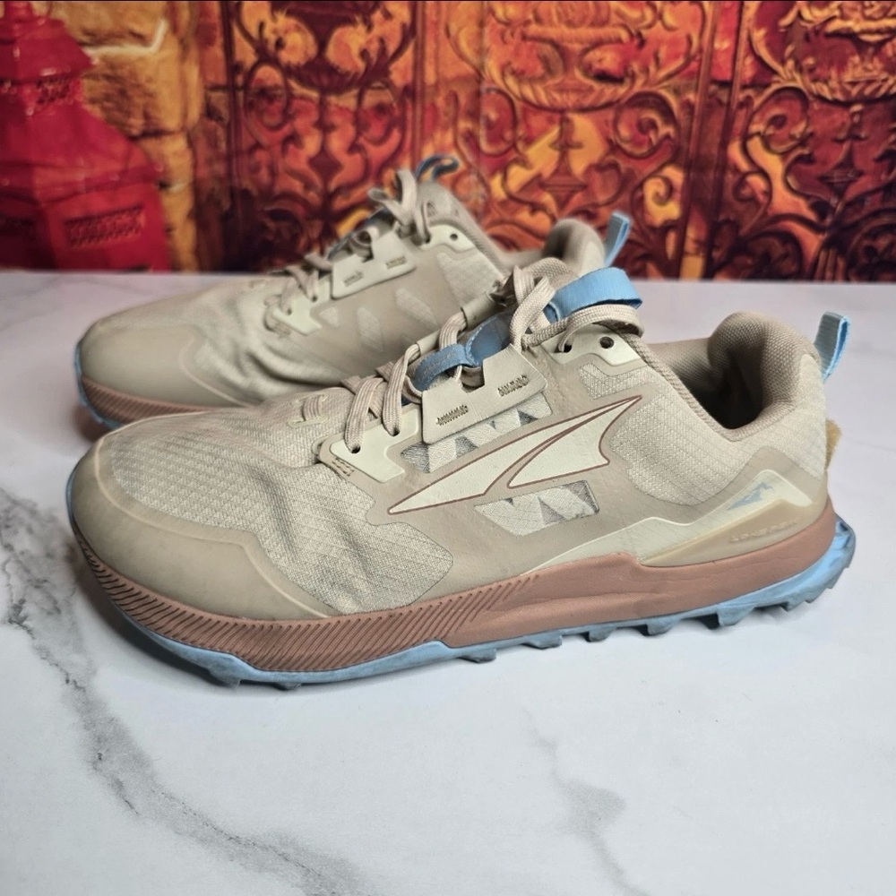 Altra Loan Peak 7 Running Shoes Womens Size 8.5 Wide Tan Beige Blue Trail